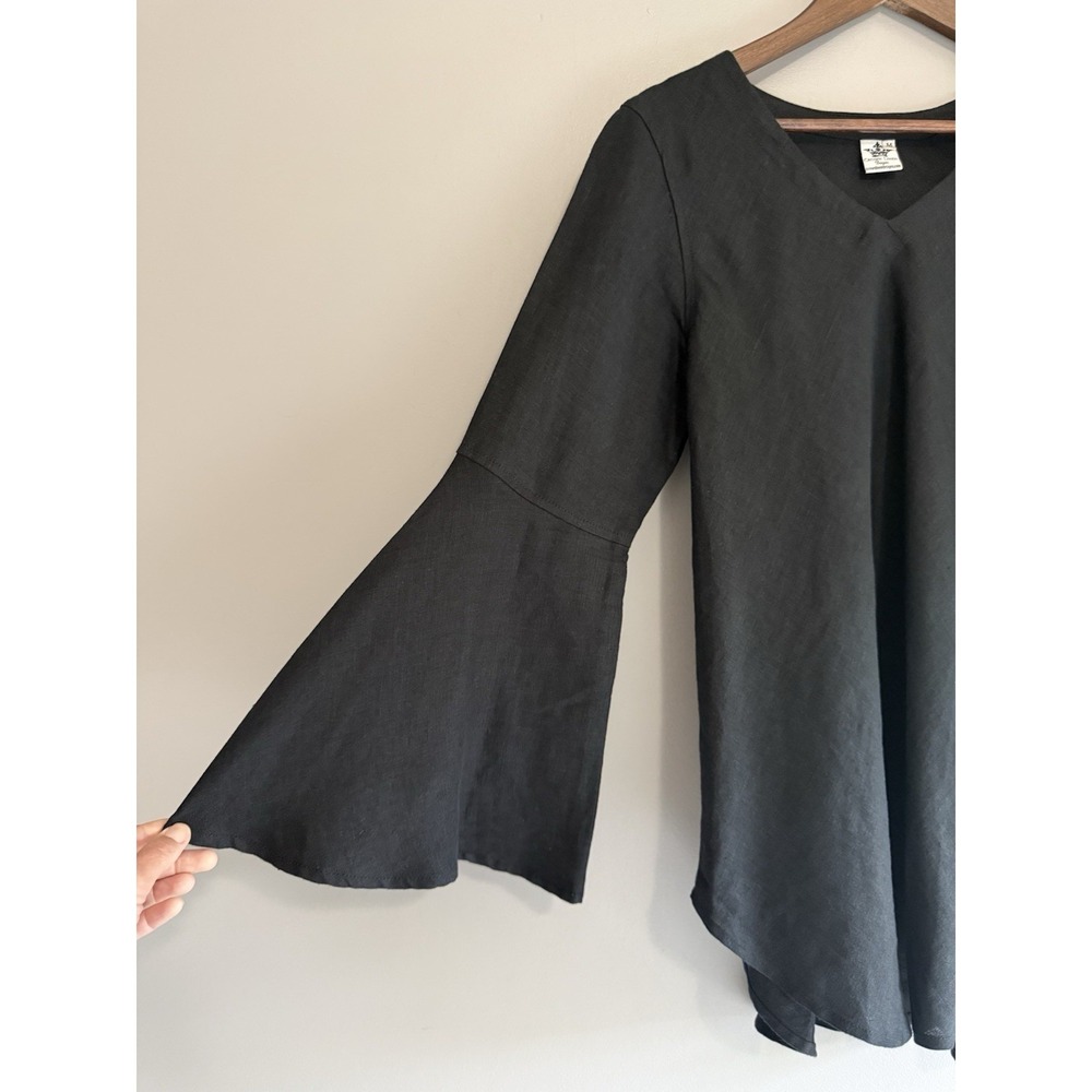 Crown Linen Designs Linen Top Bell Sleeve Black Tunic V Neck Beach Lagenlook M - Picture 5 of 15